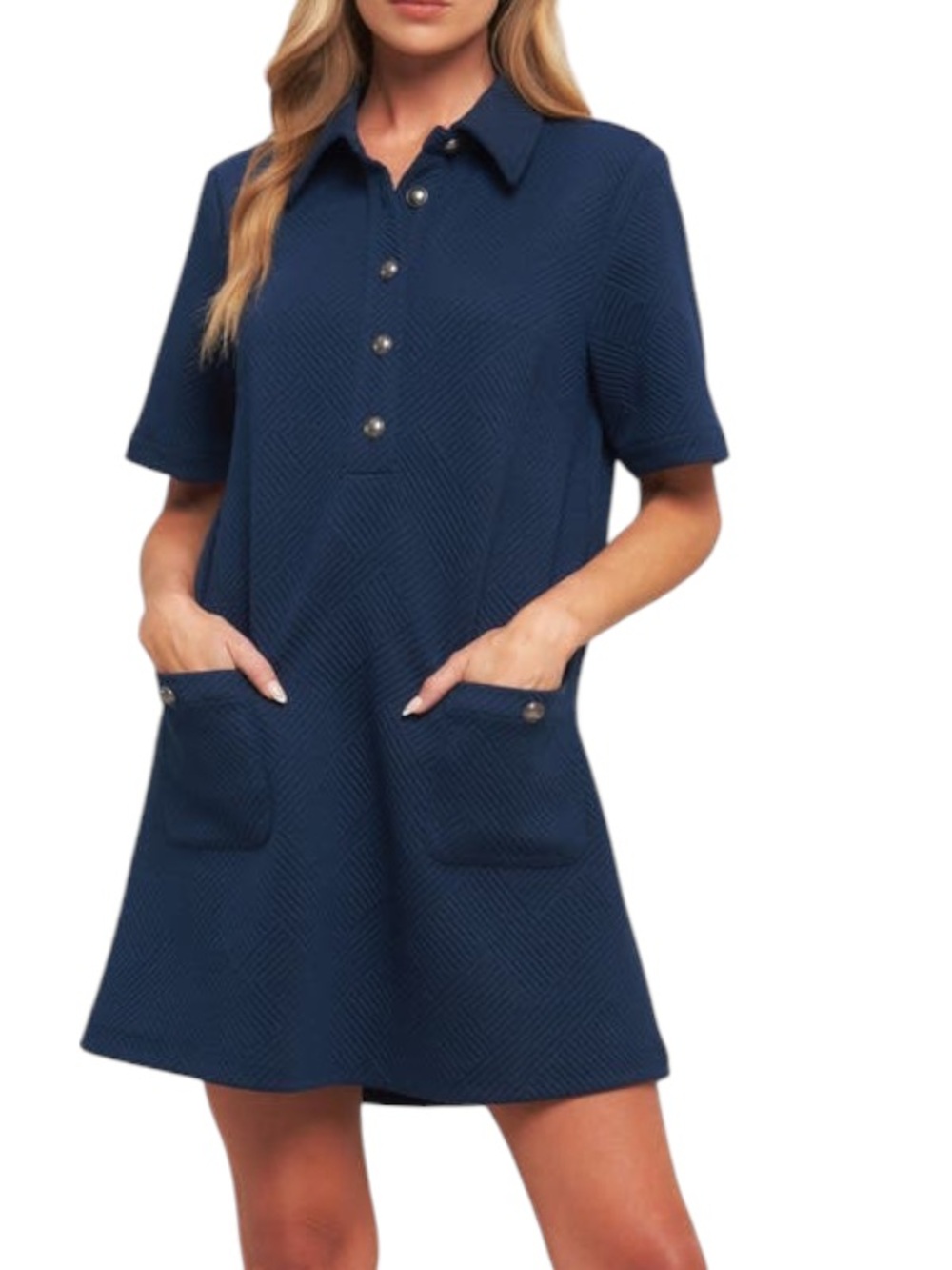 Flying Tomato Navy Textured Short Sleeve Shirtdress